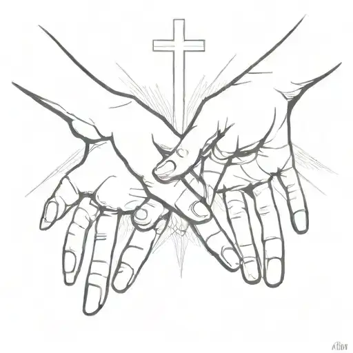 the hands of god and adam from the painting "creation of adam" with a cross in the middle tattoo design idea