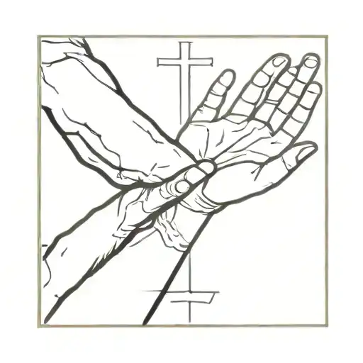the hands of god and adam from the painting "creation of adam" with a cross in the middle tattoo design idea