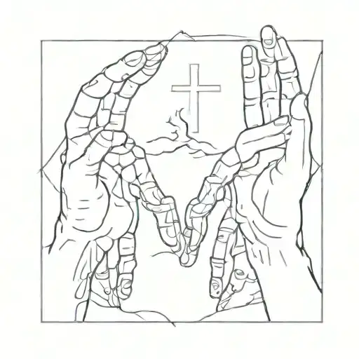 the hands of god and adam from the painting "creation of adam" with a cross in the middle tattoo design idea