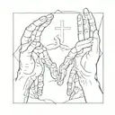 the hands of god and adam from the painting "creation of adam" with a cross in the middle tattoo design idea