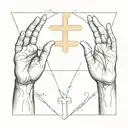the hands of god and adam from the painting "creation of adam" with a cross in the middle tattoo design idea