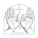 the hands of god and adam from the painting "creation of adam" with a cross in the middle tattoo design idea