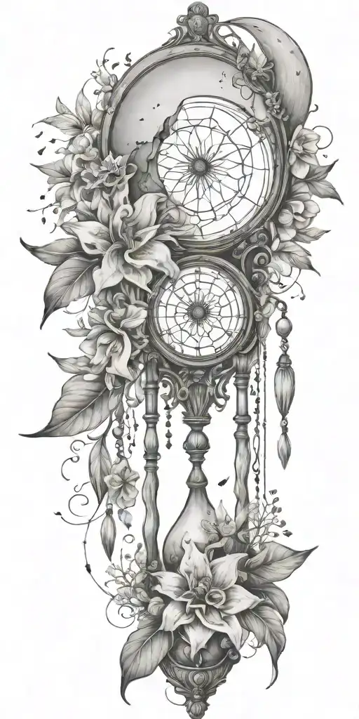 An hourglass moon dream catcher filled with lilies and butterflies Queen Anne's lace  nature tears broken depressed tattoo design idea