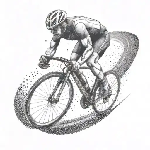 A dotwork tattoo of a big biceps cyclist racing on a winding road tattoo design idea