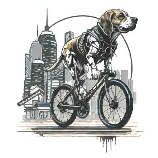 Futuristic cyberpunk cityscape with a beagle dog riding a bicycle through neon-lit streets tattoo design idea