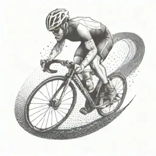 A dotwork tattoo of a big biceps cyclist racing on a winding road tattoo design idea