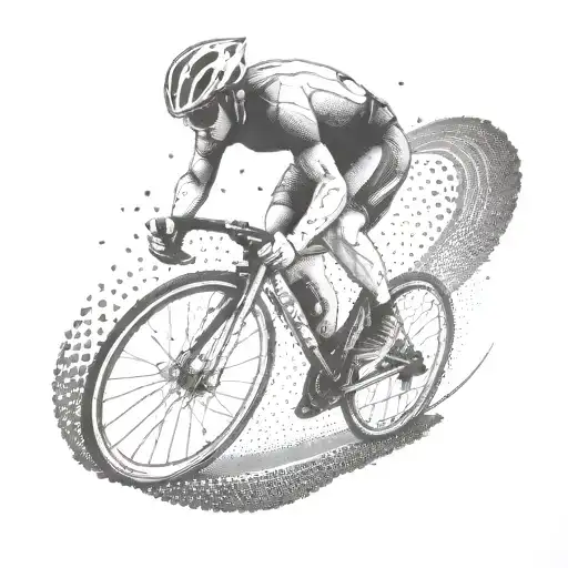 A dotwork tattoo of a big biceps cyclist racing on a winding road tattoo design idea