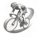 A dotwork tattoo of a big biceps cyclist racing on a winding road tattoo design idea