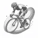 A dotwork tattoo of a big biceps cyclist racing on a winding road tattoo design idea
