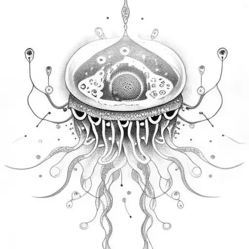 A dotwork tattoo of a strange hybrid creature combining elements of a jellyfish and a synthesizer tattoo design idea