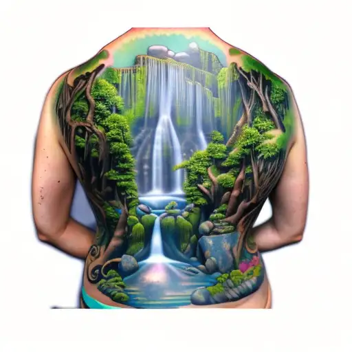 a woman with a waterfall on her back.  surrounding the waterfall is torn skin tattoo design idea