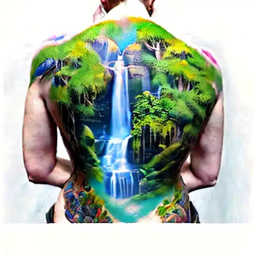 a woman with a waterfall on her back.  surrounding the waterfall is torn skin tattoo design idea