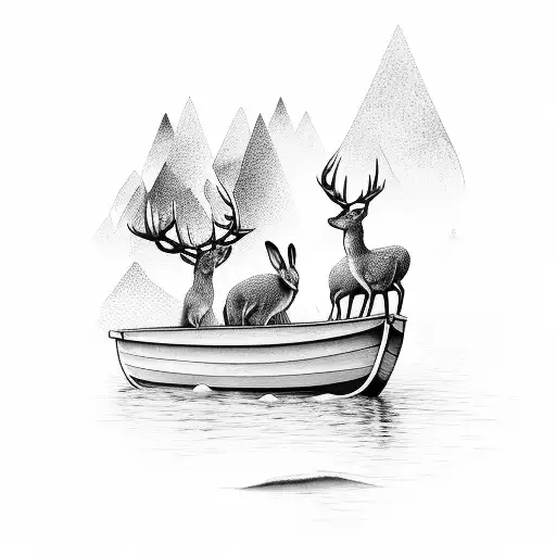 A fisherman in a boat with a deer standing on the shore, while rabbits play in the foreground tattoo design idea
