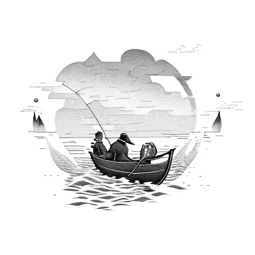 A fisherman in a boat with a deer standing on the shore, while rabbits play in the foreground tattoo design idea