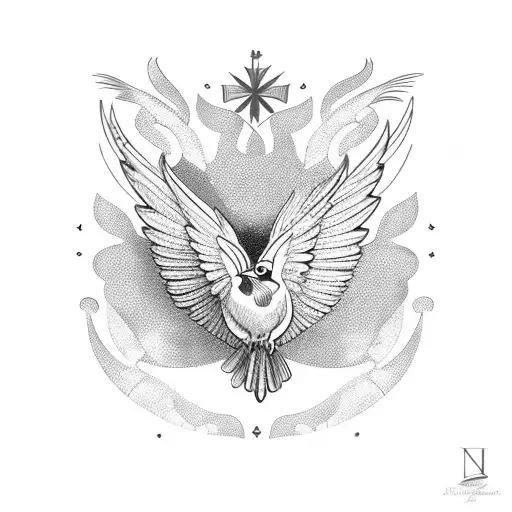 A detailed unalome design incorporating elements of a cardinal bird and a North Star tattoo design idea