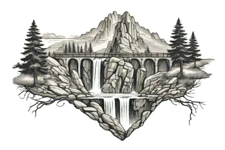trail mountain waterfall bridge  tattoo design idea