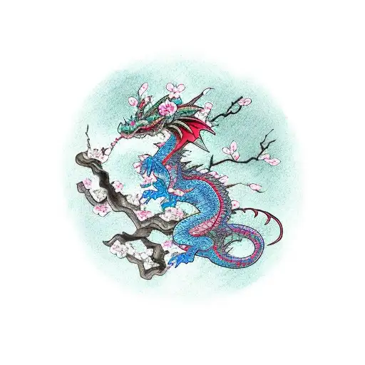 small dragon with cherry blossom tree beside  tattoo design idea
