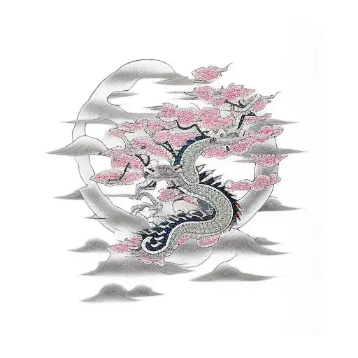 dragon with cherry blossom trees around  tattoo design idea