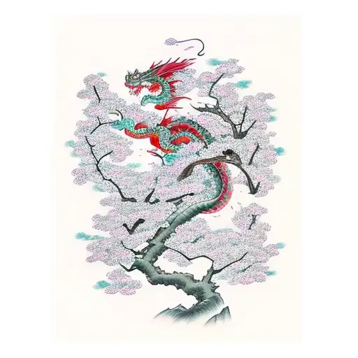 Dragon with cherry blossom trees  tattoo design idea