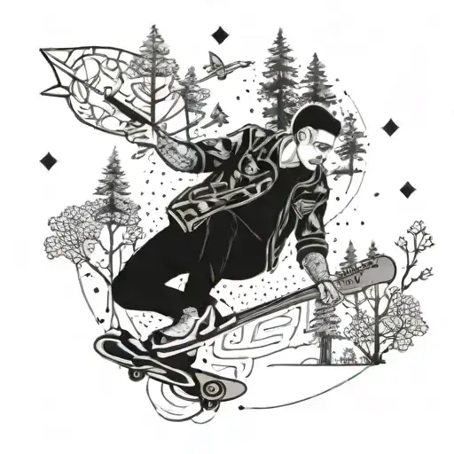 A tattoo design featuring a punk rock guitar player skating through a forest with a b2 bomber flying overhead tattoo design idea