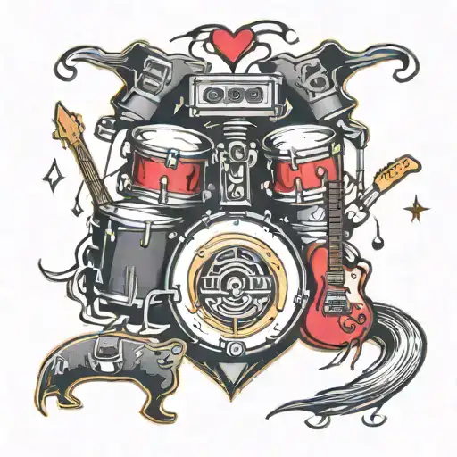 A tattoo design of drums, bass, and guitar forming a heart shape with a background of video game elements tattoo design idea
