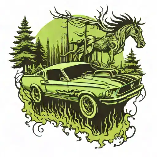 A tattoo design of a Ford Mustang driving through a forest with elements of nightmare before Christmas incorporated tattoo design idea