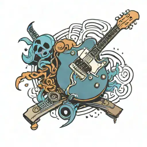 A tattoo design featuring a guitar, skateboard, and video game controller intertwined with pop punk music lyrics tattoo design idea