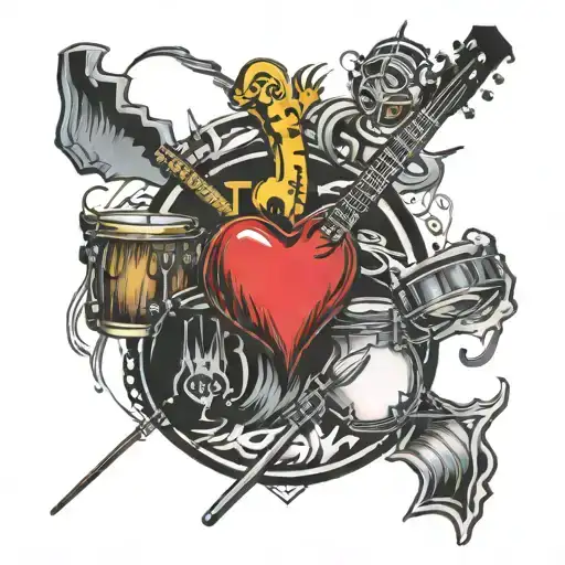 A tattoo design of drums, bass, and guitar forming a heart shape with a background of video game elements tattoo design idea