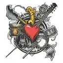 A tattoo design of drums, bass, and guitar forming a heart shape with a background of video game elements tattoo design idea