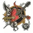 A tattoo design of drums, bass, and guitar forming a heart shape with a background of video game elements tattoo design idea