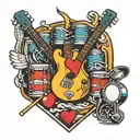 A tattoo design of drums, bass, and guitar forming a heart shape with a background of video game elements tattoo design idea