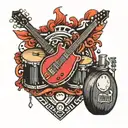 A tattoo design of drums, bass, and guitar forming a heart shape with a background of video game elements tattoo design idea
