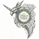 Warframe themed tattoo with text "Dream, Not of what you are but of what you want to be"  tattoo design idea