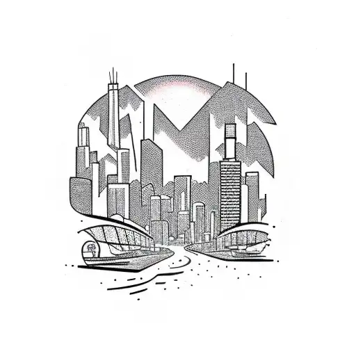 A hiking trail winding through a cityscape of Chicago tattoo design idea