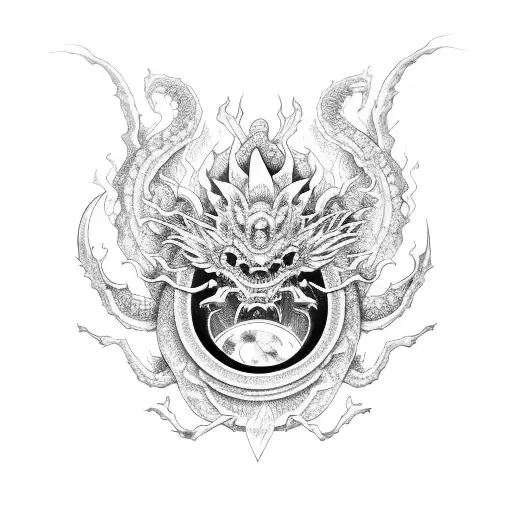 A Japanese dragon wrapped around a crescent moon with a sun peeking out from behind tattoo design idea