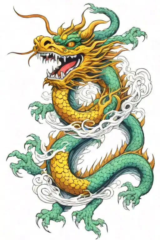 Chinese dragon, ming dynasty style, hand drawn, with airbrushed color and shading, white background tattoo design idea