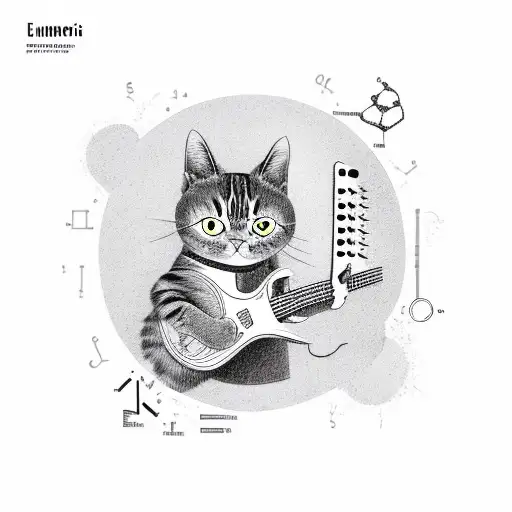 A cat playing a guitar with chemistry equations as the background tattoo design idea