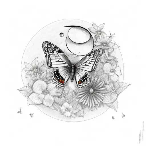 butterfly with flowers and a little moon and a little star in black  tattoo design idea