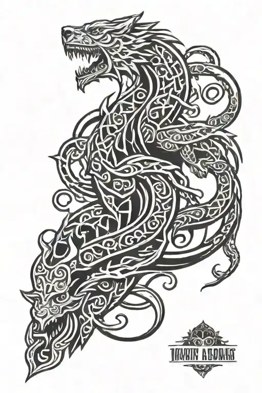 Viking style arm sleeve with the midgard serpent, Hel and Fenrir tattoo design idea