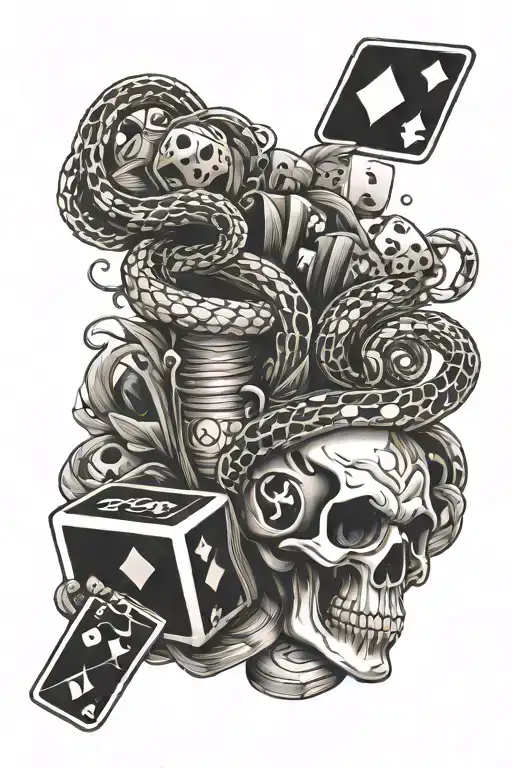 Tattoo black & white, snake, dice, ace cards, skeleton hand with name Slotti tattoo design idea