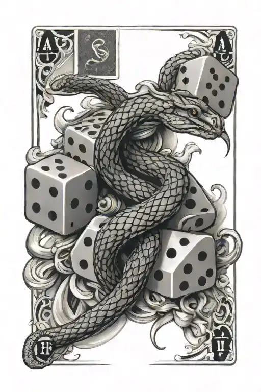 Tattoo black & white, snake, dice, ace cards, with name Slotti tattoo design idea