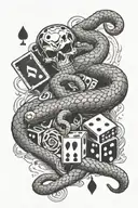 Snake, dice, ace cards, skeleton hand holding, name Slotti tattoo design idea