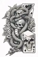 Snake, dice, ace cards, skeleton hand holding, name Slotti tattoo design idea