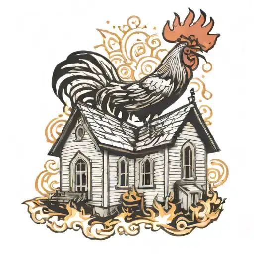 Rooster crowing on a burning church roof. tattoo design idea