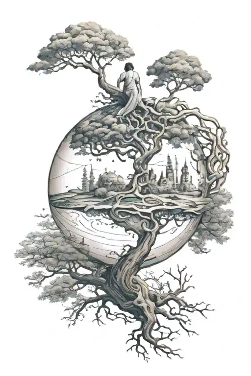 Atlas carrying the world and tree of life intertwined tattoo design idea