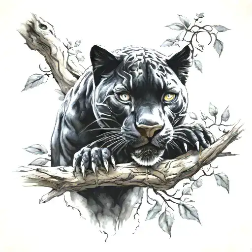 black panther with food in its mouth on a tree branch. highlight the eyes and make it aggressive tattoo design idea