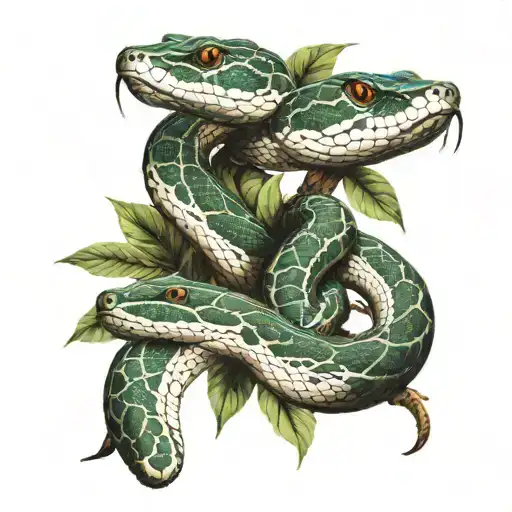 a 3 headed mamba snake wrapping around a tree branch with its tongue out hissing tattoo design idea
