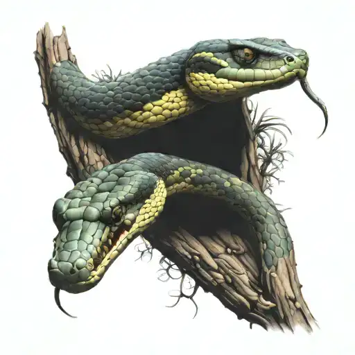 a 3 headed mamba snake wrapped around a tree branch with its tongue out hissing tattoo design idea