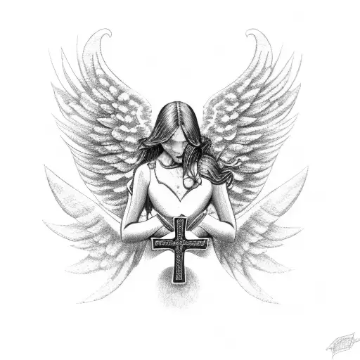 BEACH WITH ANGEL WINGS WITH HEART AND CROSS tattoo design idea