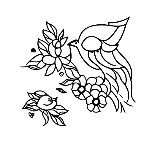A minimalist tattoo of a mother bird feeding her chicks, representing the beauty of maternity and freedom. tattoo design idea